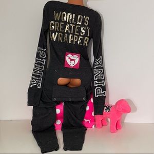Victoria’s Secret PINK XS S M L Sequin Bling Logo Onesie Pajamas Open Glitter